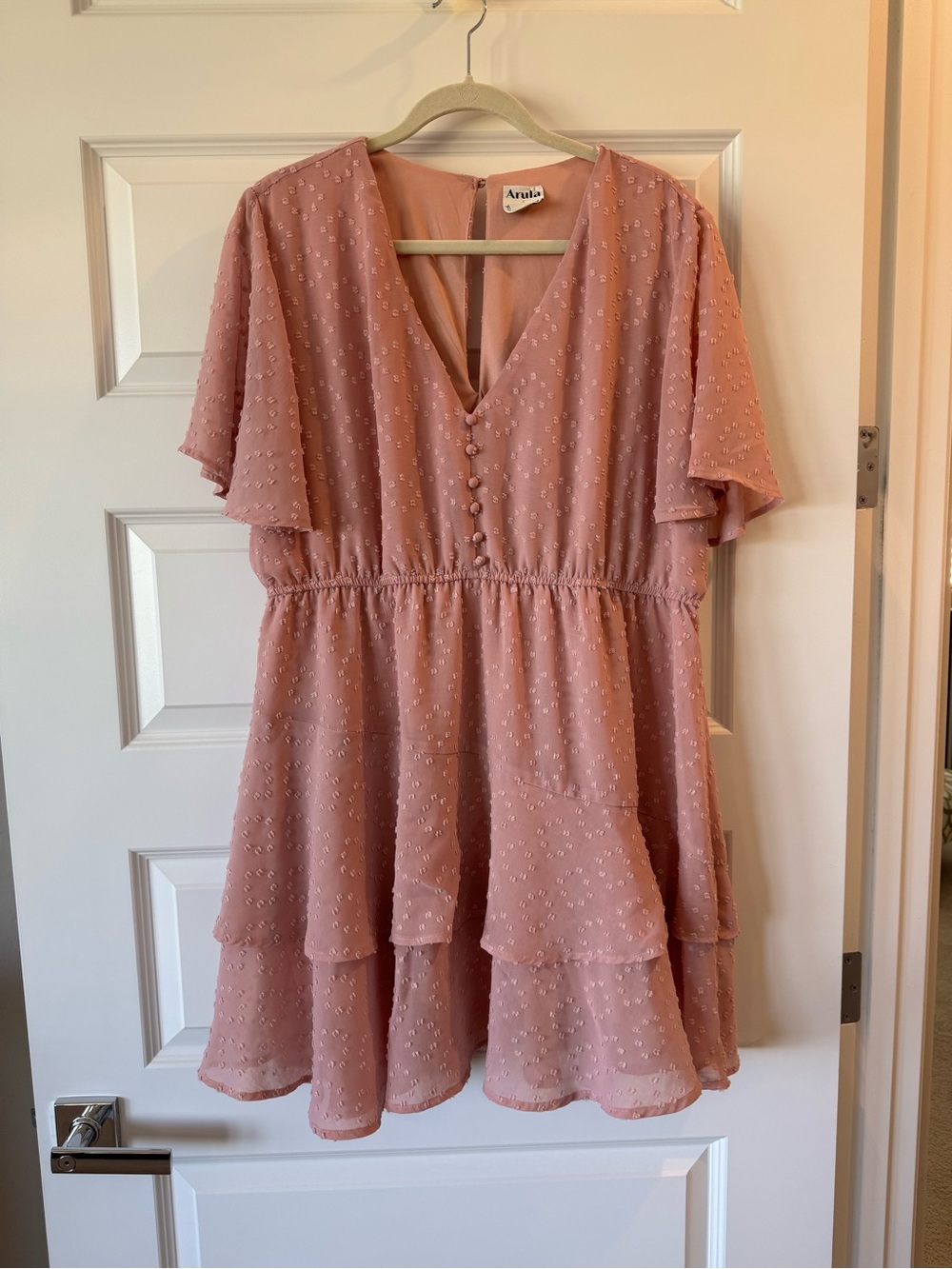 Arula Tallulah Clip Dot Flutter Sleeve Tiered Dress Dusty Rose